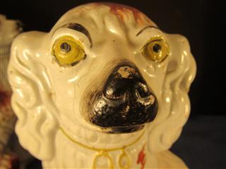 ANTIQUE PAIR OF 19TH CENTURY STAFFORDSHIRE WHITE & RED SPANIELS 13